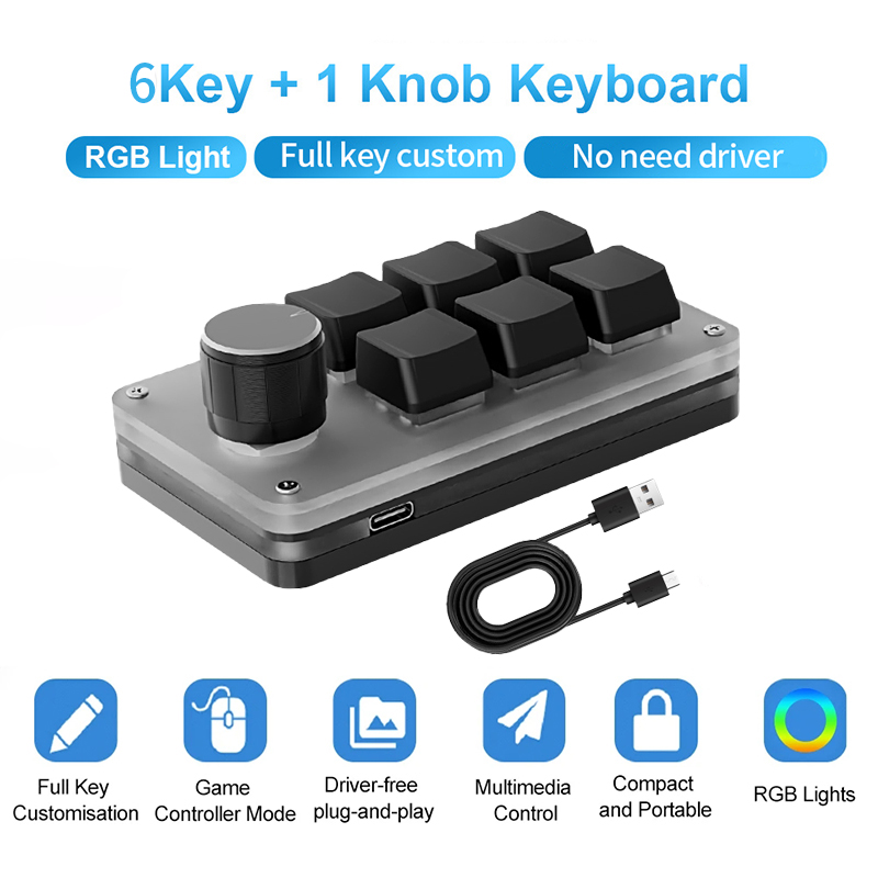 Gaming Keyboard Mini Mechanical - 6 Keys 1 Knob Mini Macro